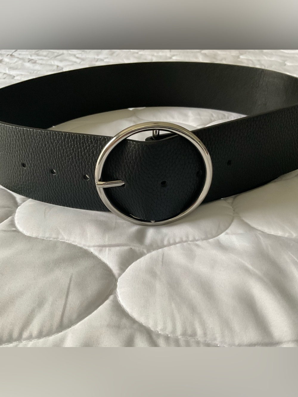 Stradivarius Black Textured wide Belt with Round Silver Buckle